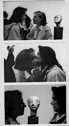<p>Eva Aeppli et Niki de St Phalle devant une sculpture d’Eva Aeppli (vernissage) / Photo : D.R.</p>